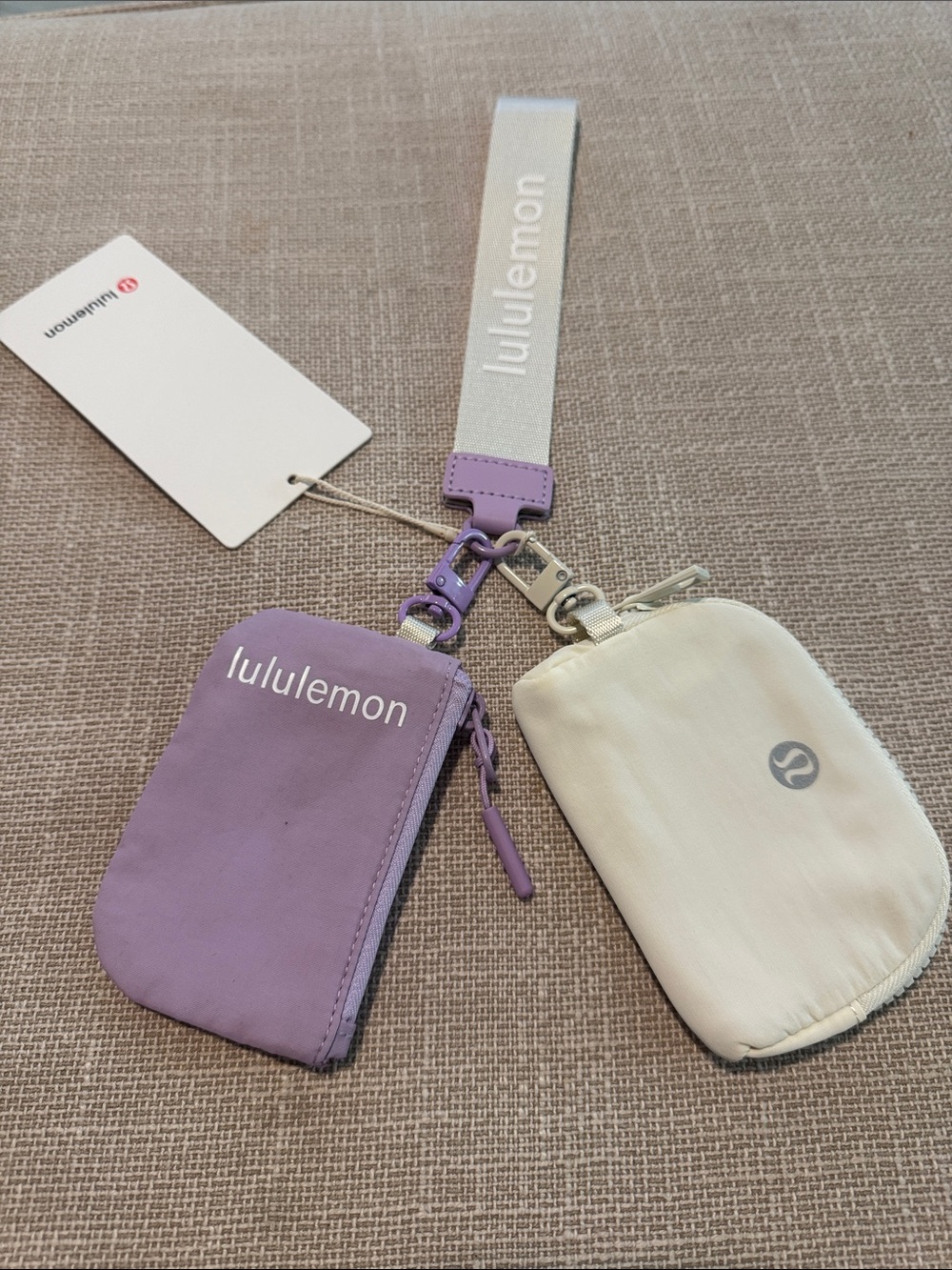 lululemon lavender and cream branded wrist strap